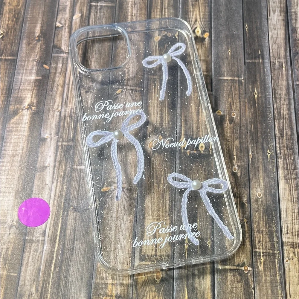 5for$10 Transparent Glitter Tie Ribbon Pearl Bow IPhone 15 Plus Phone Case